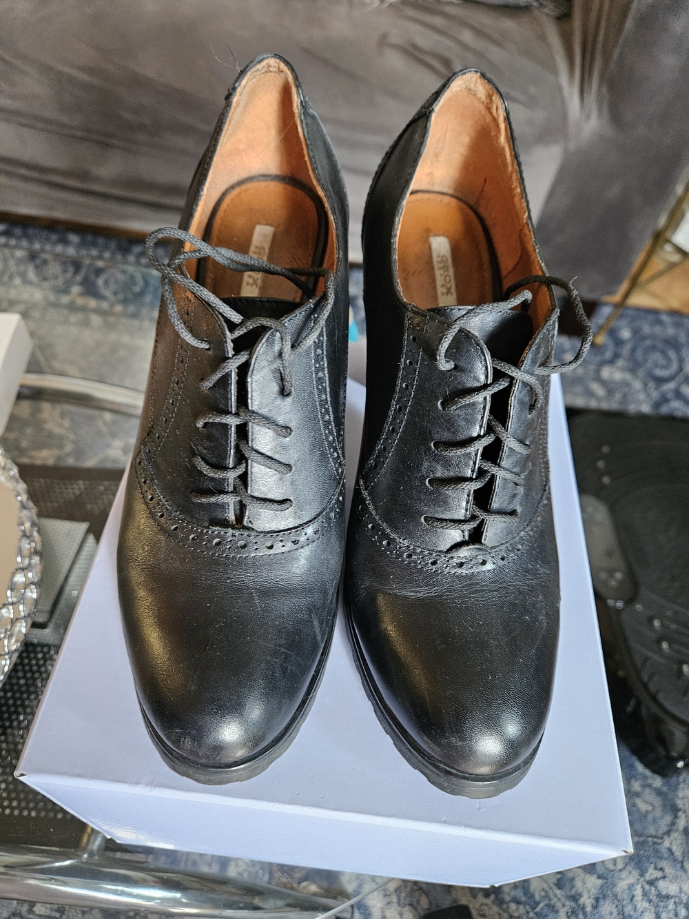 Geox Black Leather Heeled Women’s Lace-Up Oxford Shoes